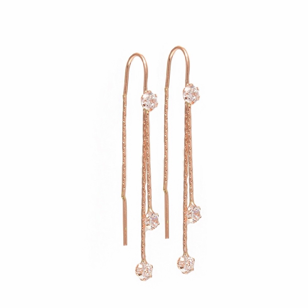14K Rose Gold Drop Threader Earrings with Crystal Accents